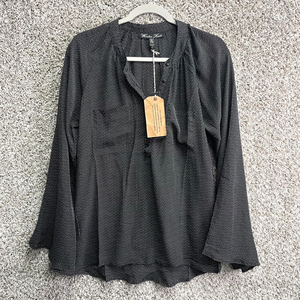 Winter Kate Top Women's S Black Falling Star Silk Crepe Long Sleeve V-Neck NWT